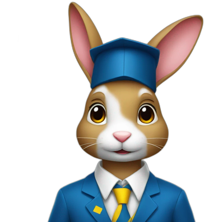 A rabbit student in a suit in the color of the Ukrainian flag in a square academic cap emoji