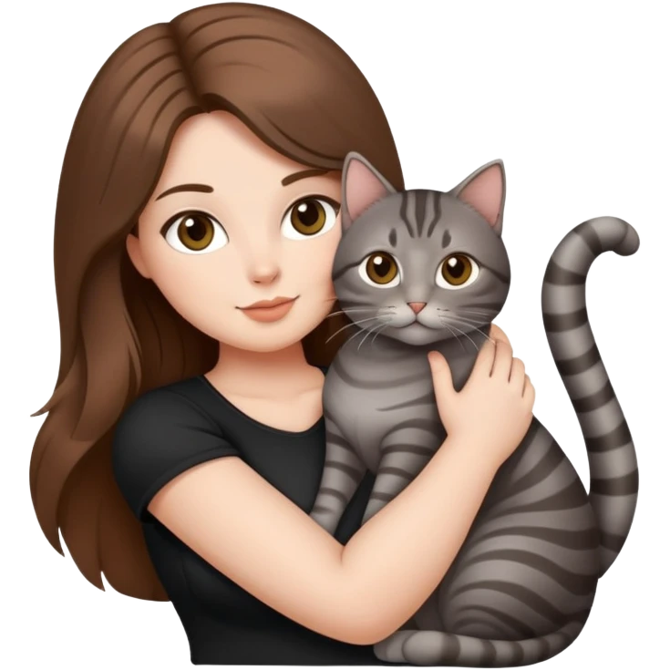 Hot curvy woman, long hair, with super cute cat, she is white with brown hair, black top, the cat is a grey tabby emoji
