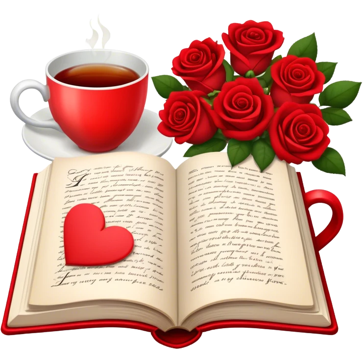 Icon for Romance Reading: an open book with a heart-shaped bookmark, surrounded by roses, a love letter, and a cup of tea. The icon should evoke the warmth, passion, and emotional depth of a love story. Transparent background emoji