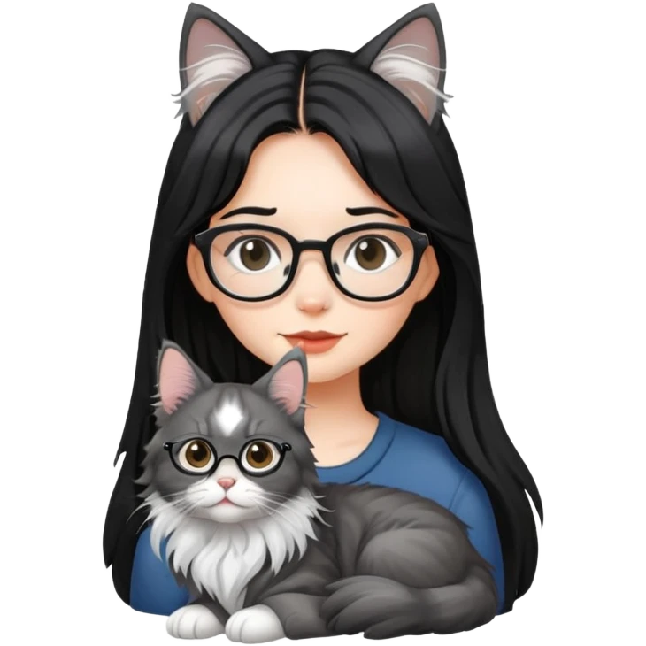 a silver based Maine Coon cat and a black hair glasses girl emoji