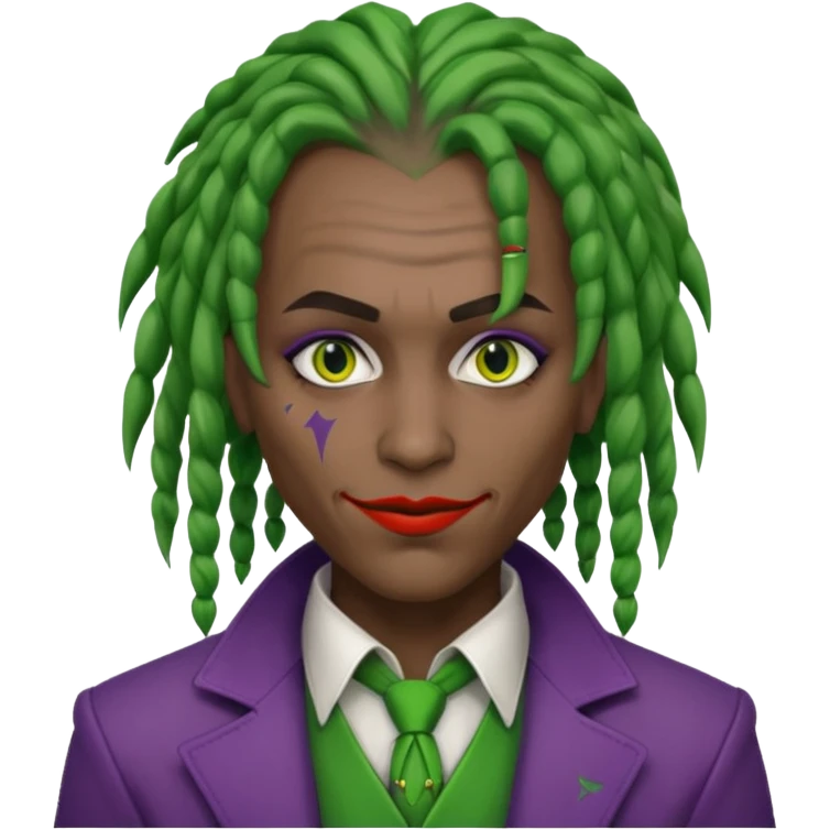 joker with dark skin, green dreadlocks, binary code motifs, partial white makeup emoji
