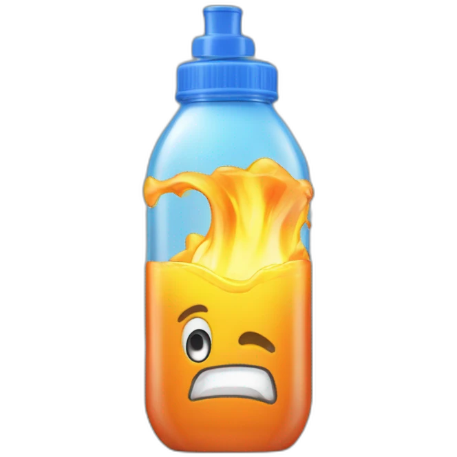 plastic bottle with blue cap, and detitle being SLAP in blue color with a yellowish cartoony fire on the background and the juice being orange emoji