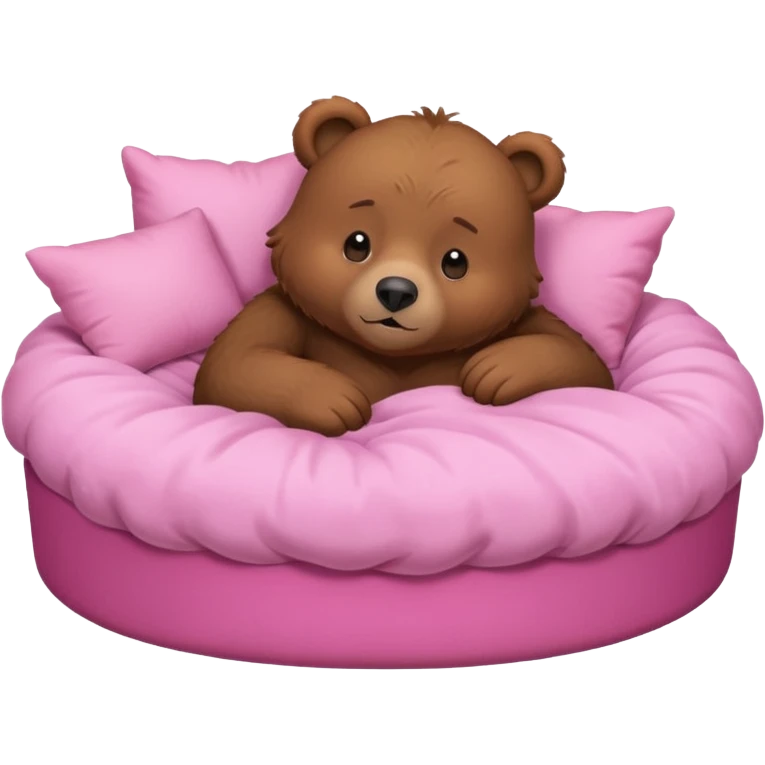 A cute brown bear in a pink bed, tucked in and looking forward, trying to fall asleep. emoji
