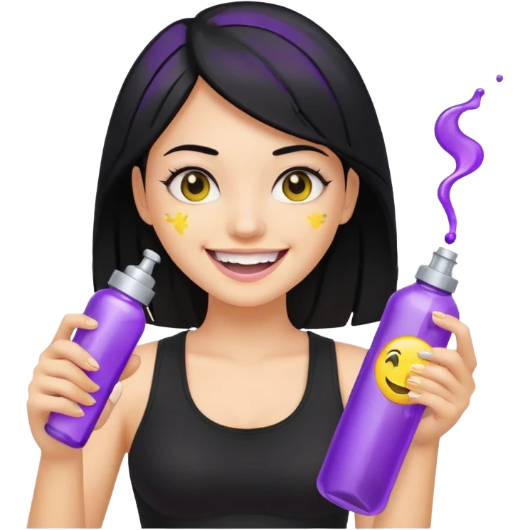 fair girl with black hair, black crop top, smiling widely with yellow teeth, holding purple and silver spray bottle, nothing else, genmoji emoji style, reference attached can emoji
