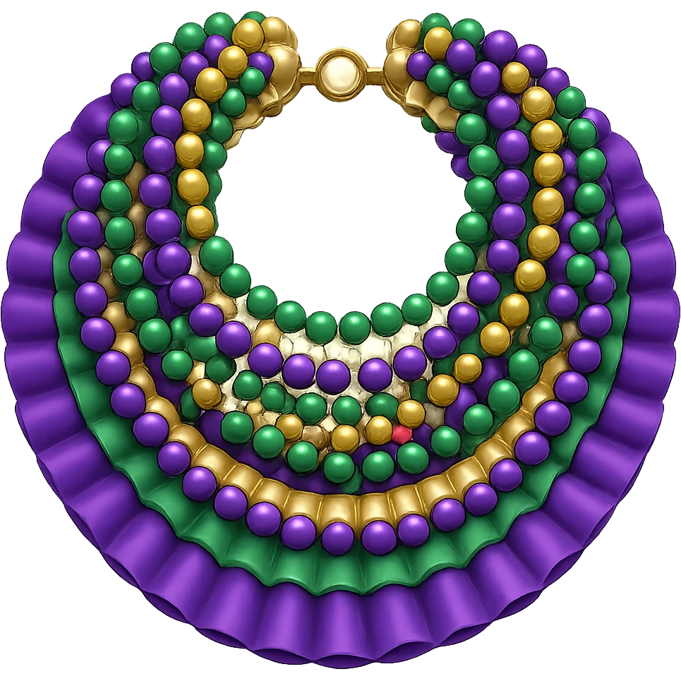 Add Mardi Gras beads to the simple collar while keeping the basic purple, green, and gold ruffles. The style should resemble emoji style with a transparent background. emoji