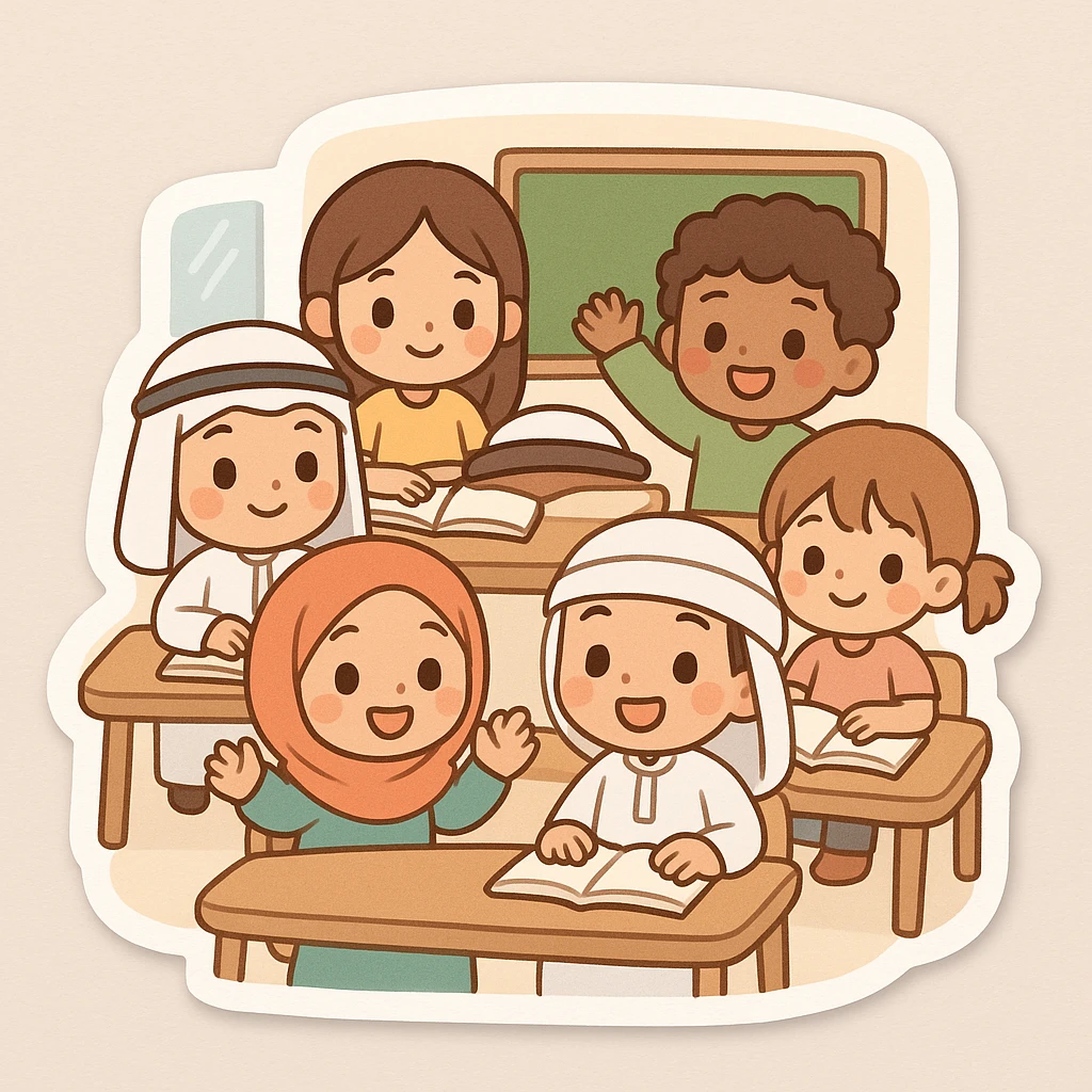 group of cute cartoon boys and girls in a classroom, some wearing traditional Arab head coverings, chibi style, friendly and diverse, simple background emoji