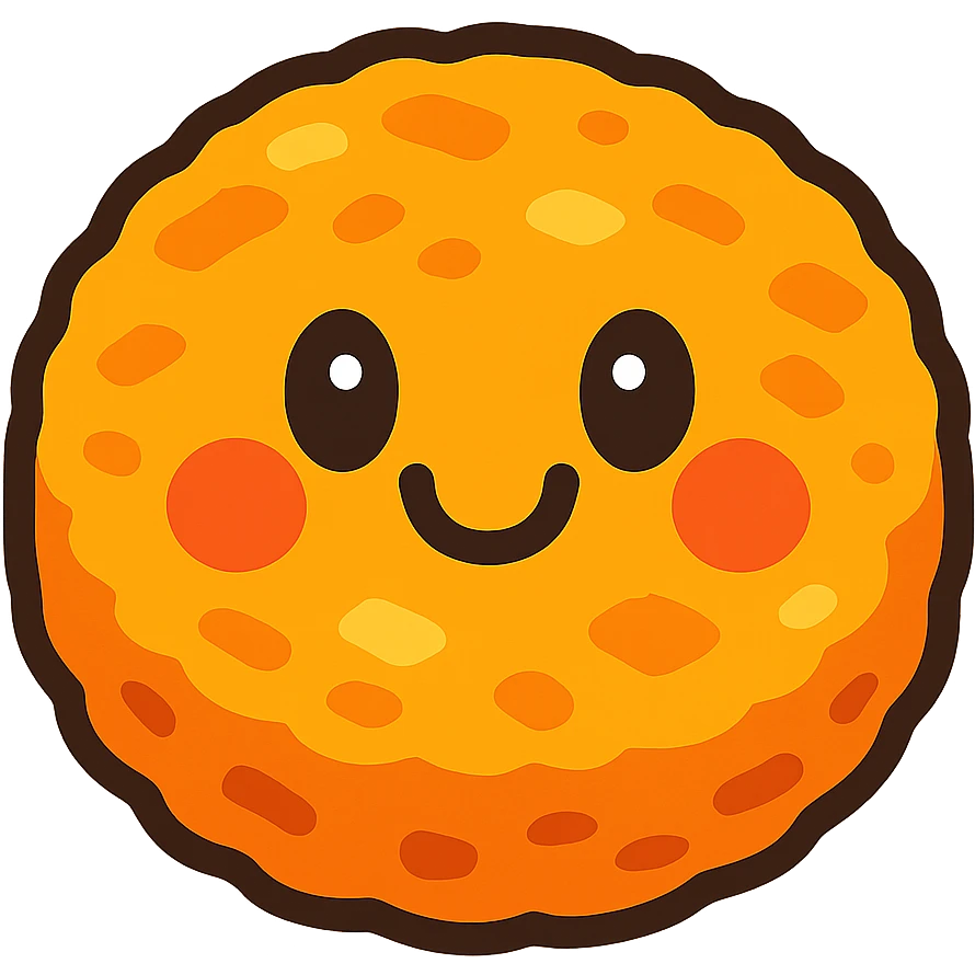 cartoon style chicken patty, round and golden, with a happy face emoji