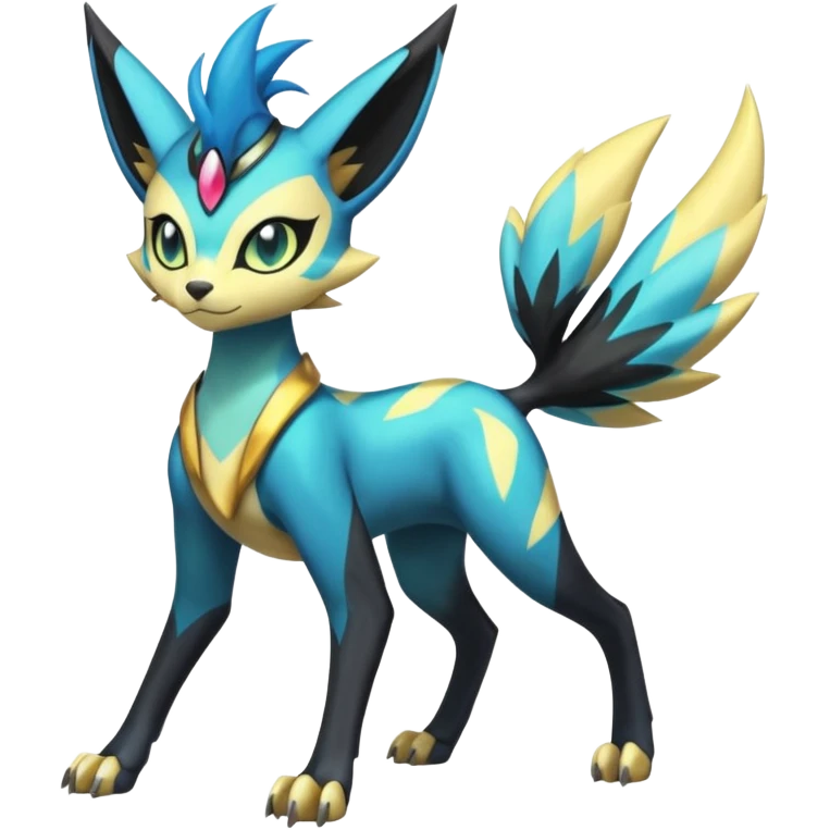 Feral Beautiful Pretty Badass Cool Colorful Painted Asian Graceful Majestic Cool Handsome Meloetta-Zeraora-Luxray-Cobalion-Vernid-fusion-hybrid-creature, full body  emoji