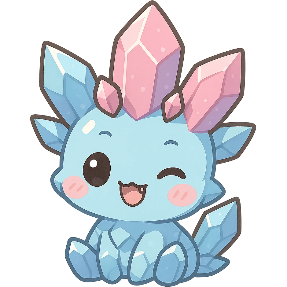 chibi kawaii crystal sprite creature, blue and pink crystals, winking, tiny fangs, cute and adorable emoji