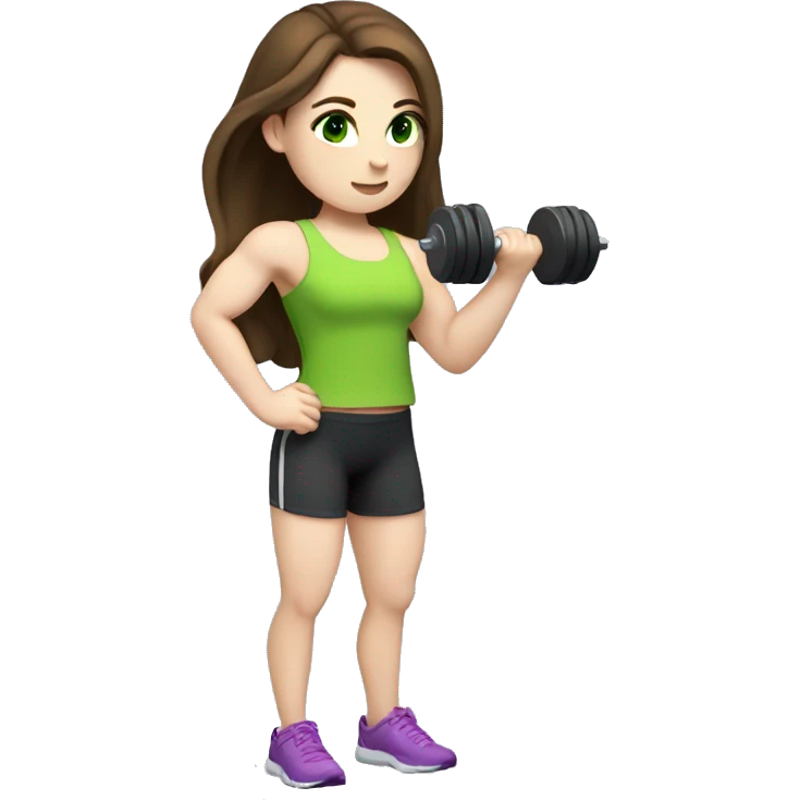 fitness girl with Brown Hair, Green Eyes, Pale Skin doing biceps curls with a Dumbell emoji