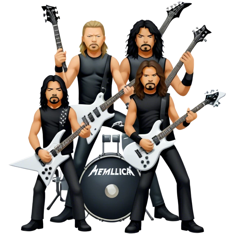 Icon for Metal Music: Metallica band members detailed in their signature look. James Hetfield with guitar, Lars Ulrich on drums, Kirk Hammett with his electric guitar, and Robert Trujillo playing bass. Bold, energetic style with musical notes, all in a heavy metal aesthetic. Transparent background. emoji
