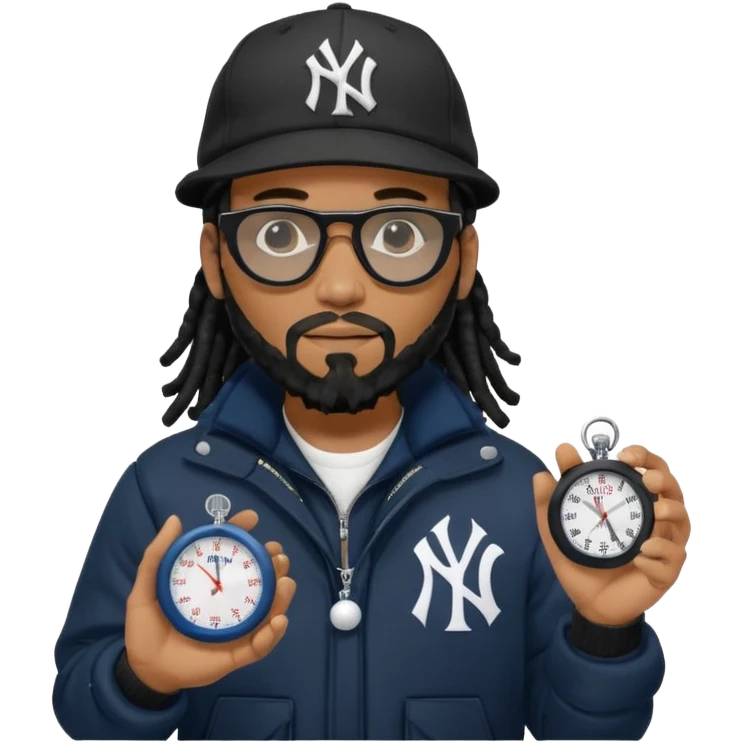 African American Man with shoulder length black dreadlocks with black beard wearing black sunglasses wearing a black bubble winter coat and a New York Yankees logo baseball cap holding a stopwatch emoji