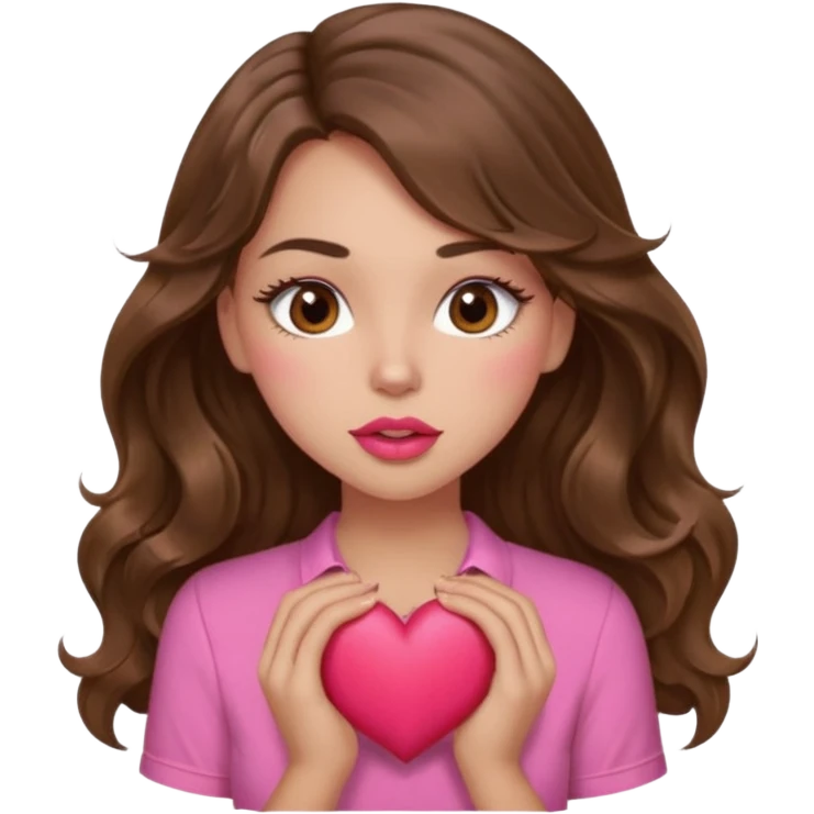 girl with long wavy brown hair, brown eyes, light to medium complexion, in a pink shirt, pink lips, long lashes, sexy , puckering, blushing, kissing a heart sexy emoji