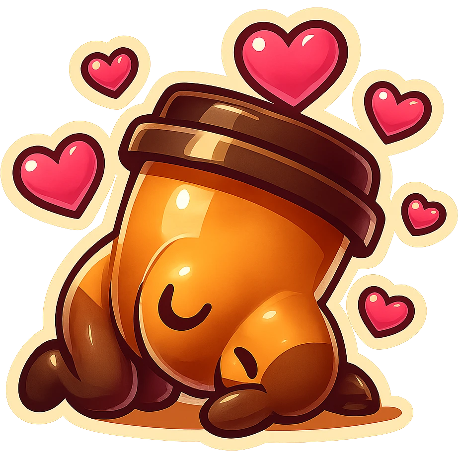 Tall coffee cup, bowing on knees, head on ground, covered in hearts emoji