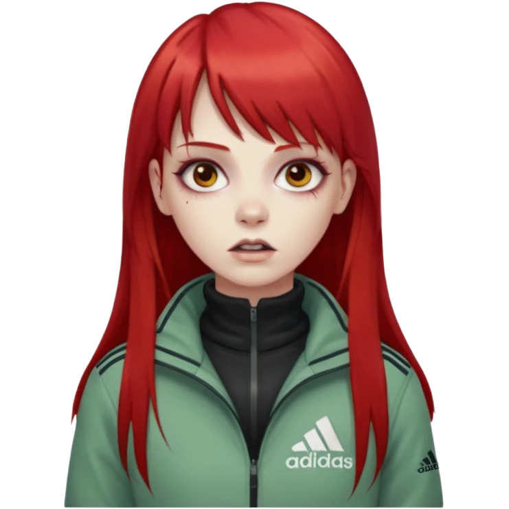 Crie um emoji de uma menina zumbi  com o cabelo vermelho longo com uma franja reta casaco de gola alta da adidas emoji