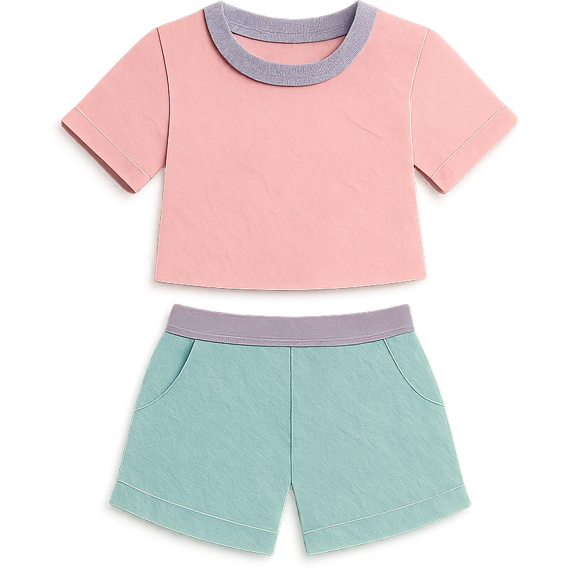 illustration of a women's short and tee shirt set in pastel colors in paper-craft style emoji