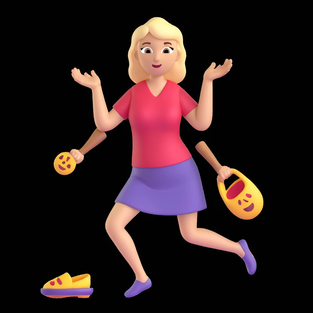 a mom with both arms extended, one hurling a slipper with intense expression, emoji style emoji