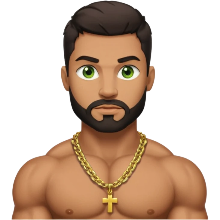 green eyes, dark short hair, muscular shoulders, wide cross, gold chain, big lips big nose big eyes, masculine good looking, dark beard, muscular strong looking emoji
