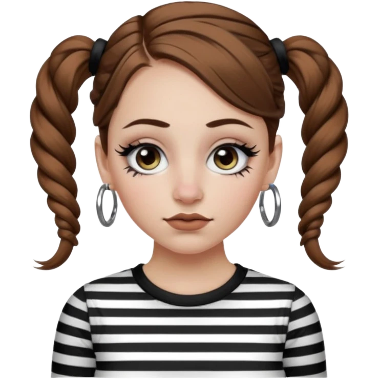 a white girl with brown hair in very low pigtails black eyeliner big false eyelashes with a septum piercing nose piercing big hoop earings dermals close to the eyes one on each side wearing a black and white striped long sleeve shirt emoji