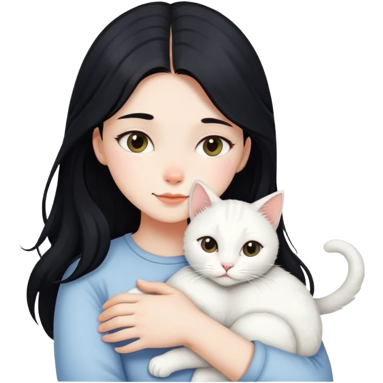 Long black-haired girl hugging a white cat emoji