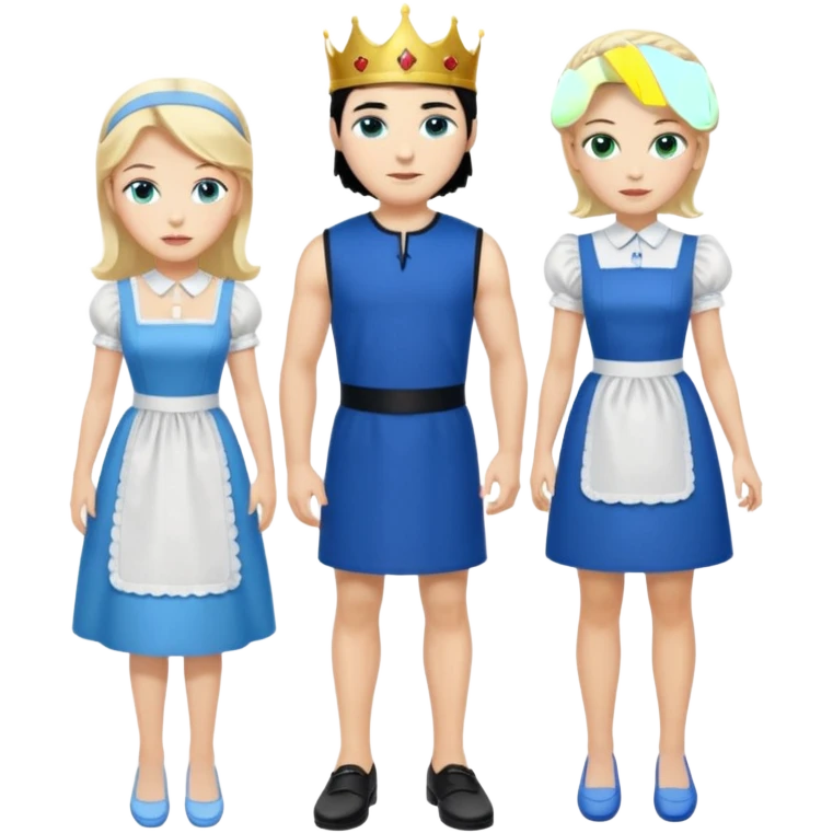 King, black hair, body, legst, blue eyes, blue garmont,  shoes, maid blonde hair, green eyes, sexy short sleveless White dress, shoes emoji