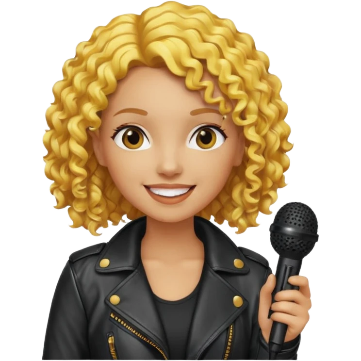 lether jacket  curly yellow hair woman holding microphone emoji