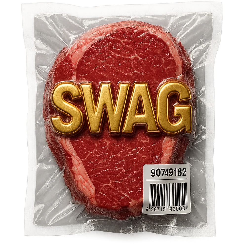 steak with gold 3D 'SWAG' text, extra shiny emoji