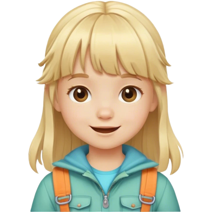 happy Blonde little girl with bangs wearing summer mountain clothes emoji