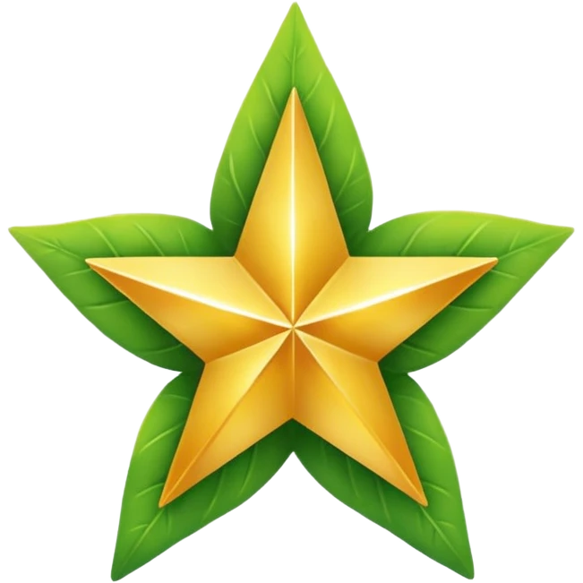 "A vibrant, golden five-pointed star emoji, with graceful green leaves subtly integrated into its points or wrapping around its base. The design should feel radiant and positive. Clean, vector-style, 32x32 pixel icon. Transparent background. Icon for achievement in health." emoji