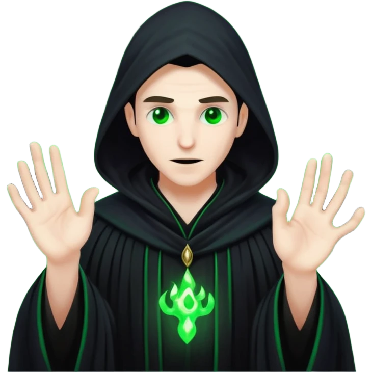 A dark sorcerer in flowing black robes, conjuring eerie green flames emoji