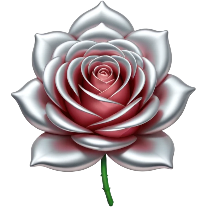 A rose emoji made of liquid silver metal, smooth metallic petals, reflective chrome surface, soft gradients, elegant shape, minimalistic iOS emoji style, centered, clean white background, realistic highlights, no text emoji