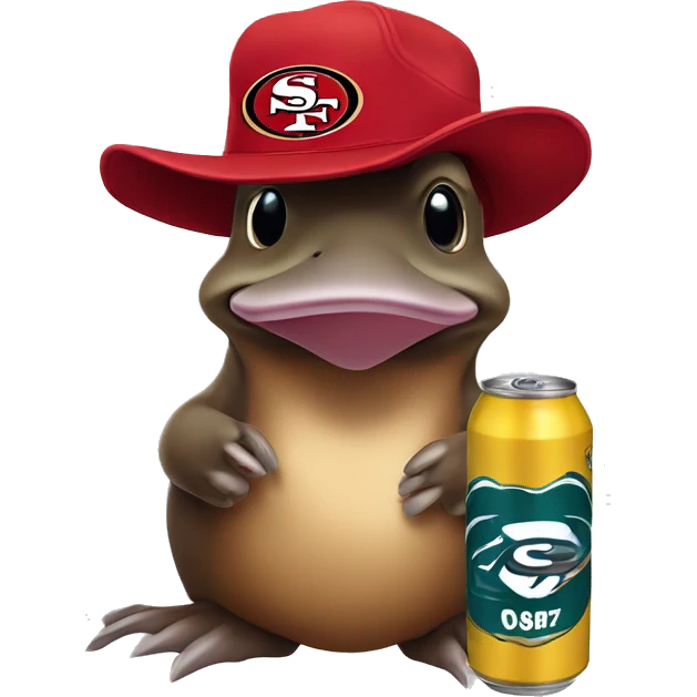 platypus in a 49ers hat holding a beer can emoji