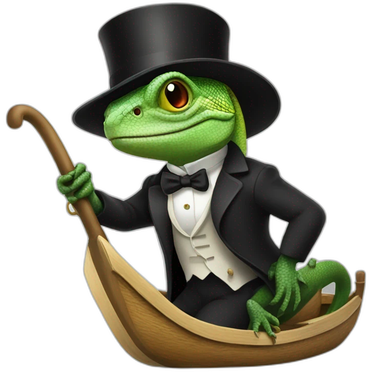 lizard with a cane and a black top hat on a boat emoji