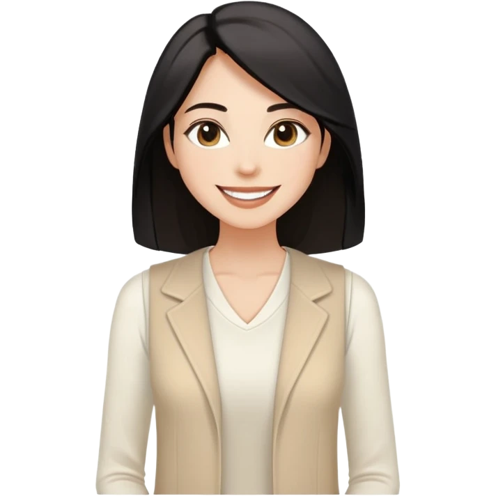 A woman with light to medium-toned skin, black shoulder-length straight hair, almond-shaped eyes, joyful smile, wearing a white long-sleeve top and a light beige sleeveless open-front vest, exuding warmth and elegance. emoji