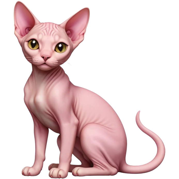 cinematic-[sphynx cat]-realistic-full-body-sitting-emoji,-tail-curled-playfully-around-its-paws,-head-tilted-dramatically,-sleek-[pink]-skin,-simplified-yet-realistic-focused-features,-highly-detailed,-glowing-with-an-almost-sarcastic-glow emoji