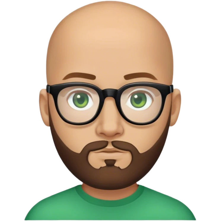 Bald young Guru, mid-lenght brown beard, green eyes, black frame glasses emoji