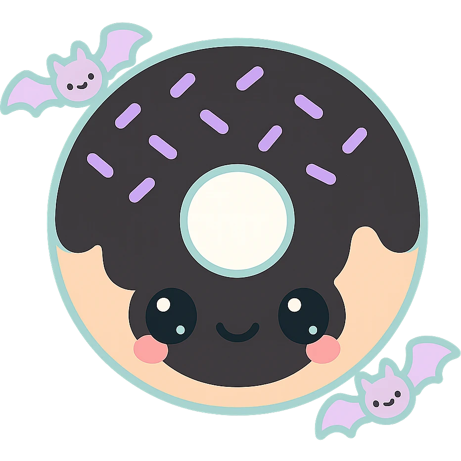 kawaii style gothic donut, happy expression, black icing, purple sprinkles, cartoon bat details, sweet and spooky emoji