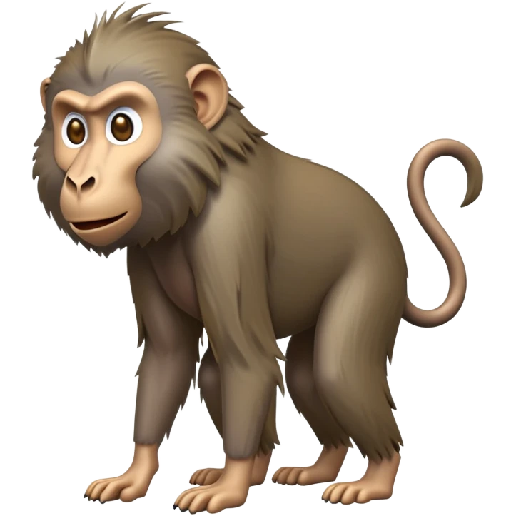 cinematic-hairy baboon-full-body-standing on all fours-emoji,-head-tilted-dramatically,-thick-grey-and-brown-fur,-simplified-yet-realistic-focused-features,-highly-detailed,-glowing-with-an-almost-sarcastic-glow expressive eyes, his top half covered in hair emoji