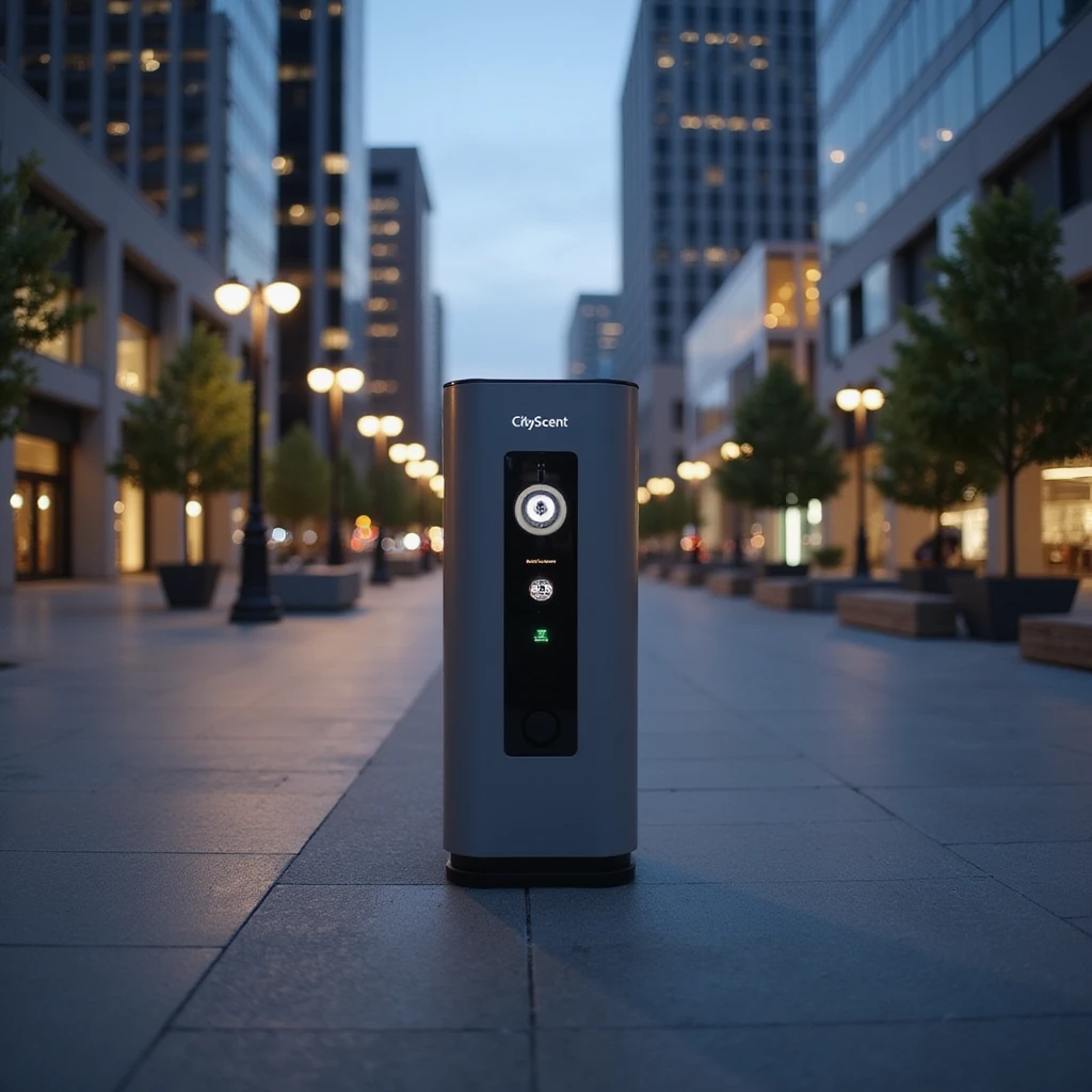 realistic scene with the CityScent air freshener machine installed in a city plaza at dusk, surrounded by softly glowing streetlights, modern buildings in the background, no people, focus on the machine emoji
