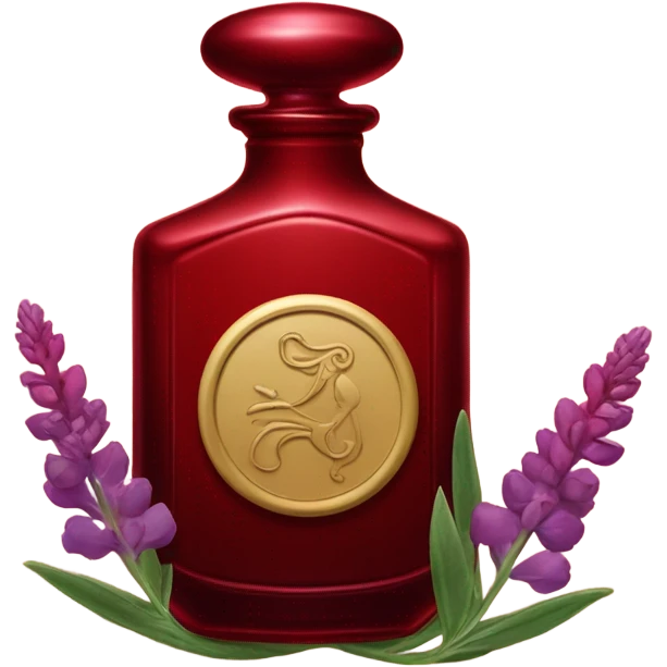 Dark red dreamy perfume bottle with red lupines and an old-fashioned letter seal emoji