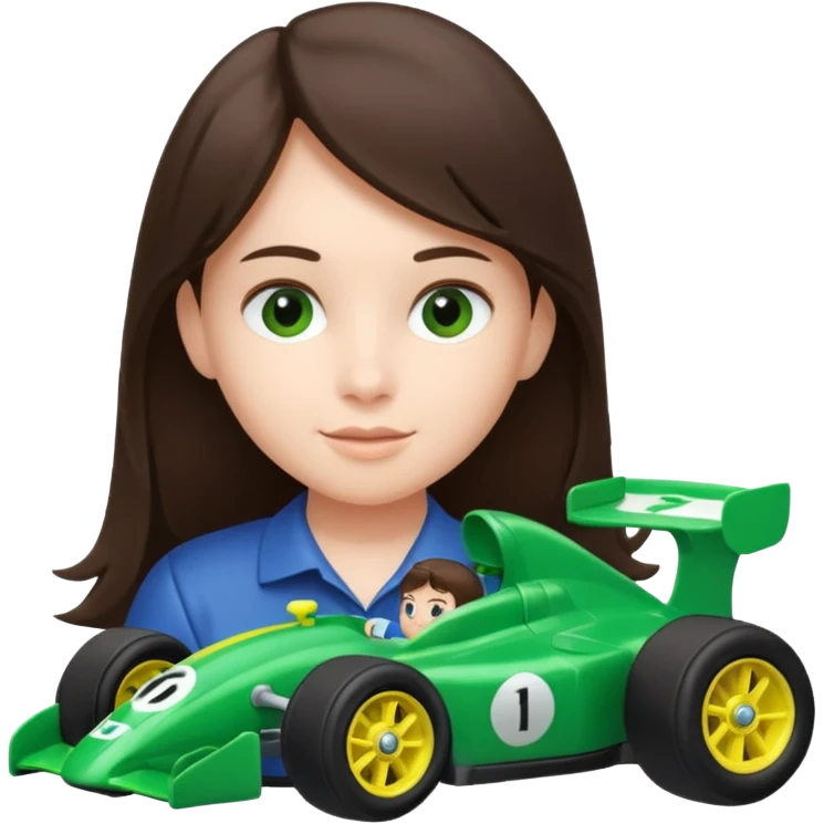 brunette kid playing green formula 1 toy emoji