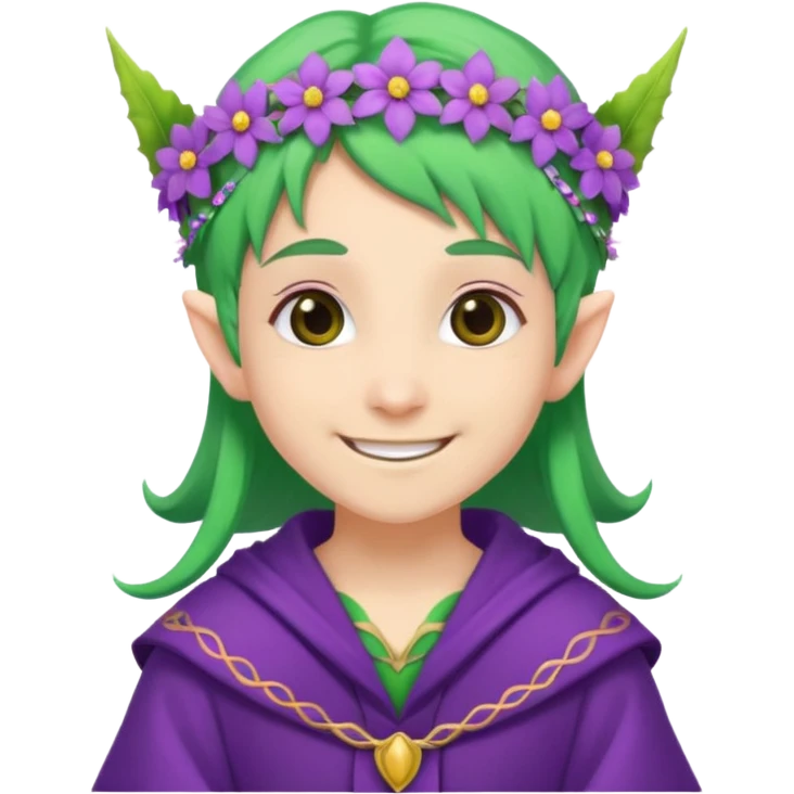 green hair elves, wearing purple with flower crowns emoji