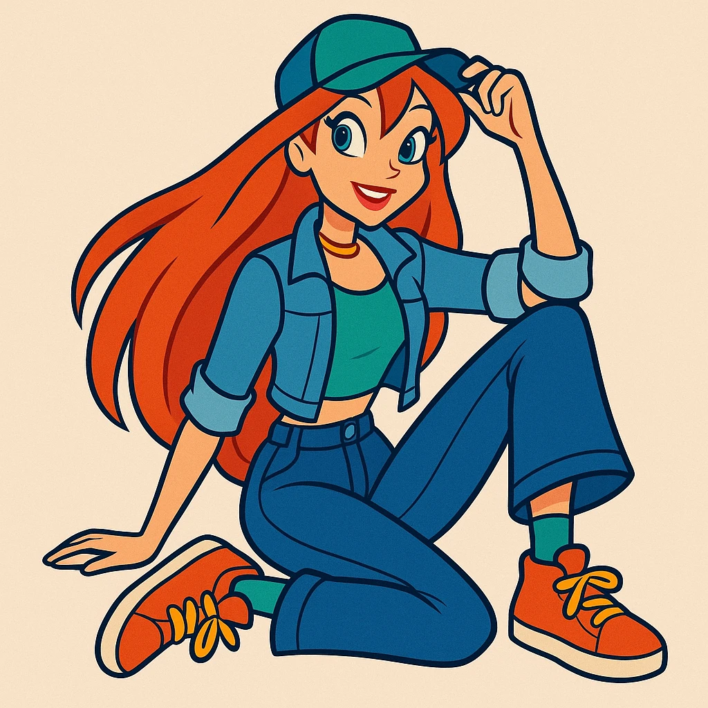 Bloom from Winx Club in casual clothes, sitting pose, vibrant toon style, no magical effects, trendy outfit, cheerful mood emoji
