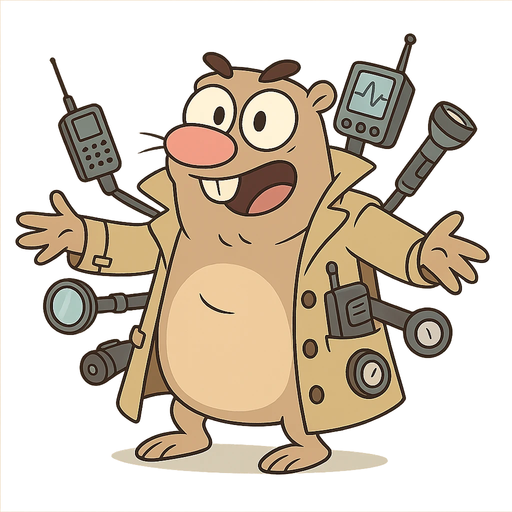 gopher with a trench coat, gadgets popping out, cartoon style, whimsical and playful emoji