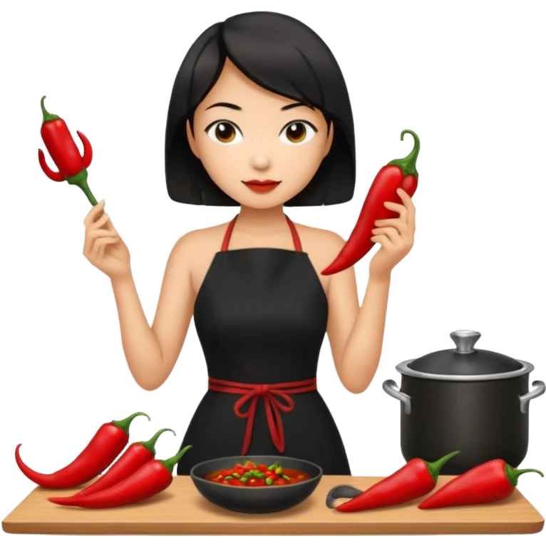 asian black short shoulder length hair tanned woman, black dress cooking, holding chili pepper emoji
