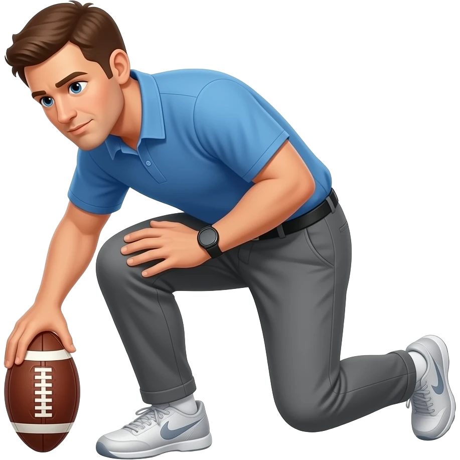 football coach in a blue shirt reaching down to touch his knee emoji
