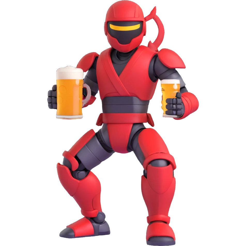 Sector from Mortal Kombat, robotic ninja with red armor, holding a beer in hand, dynamic pose, vibrant colors emoji