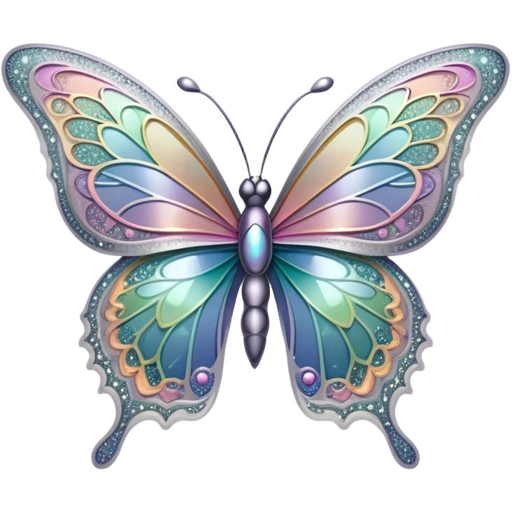 Pastel sparkly grey glittery iridescent rainbow transparent butterfly with detailed intricate patterns emoji