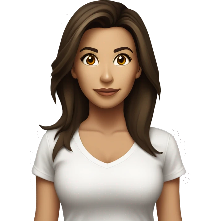 3/4 face, contrasted, shadow, light, Eva Longoria expression, standing, thin nose, brunette woman, hazel eyes, long eyelashes, dark shoulder shaded hair, white t-shirt, jeans, white sneakers emoji