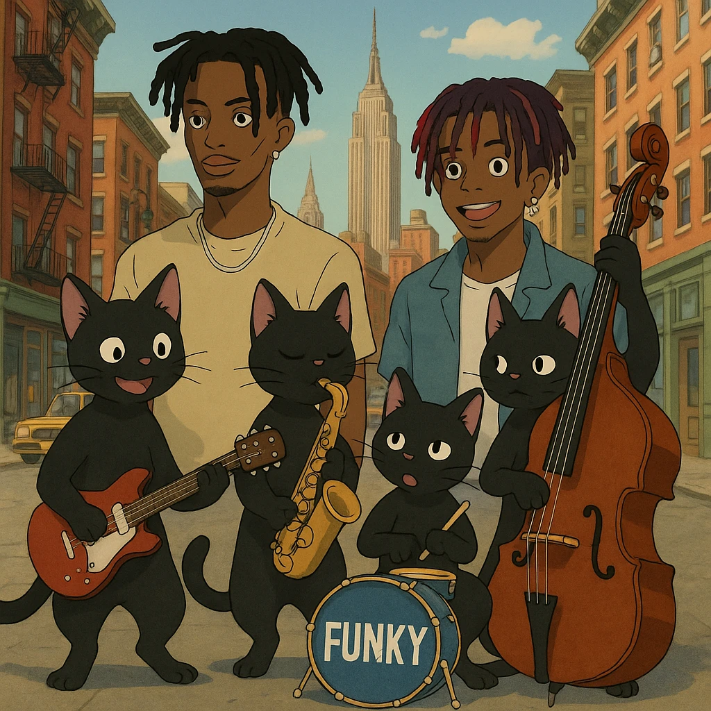 ghibli style gang of black cats performing funky music in New York with Playboi Carti and Lil Uzi Vert in the background emoji